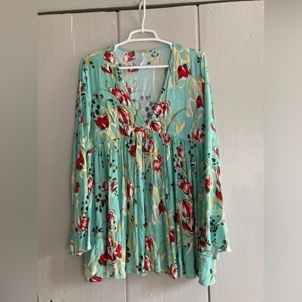 Free People Dress Women’s Sz SP Green Bella Floral Bell Sleeve Flowy Tunic